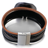 Metal Charm Magnetic Clasp Cuff Bracelet Multi-Layer Leather Wrap Jewelry