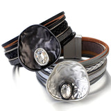 Metal Charm Magnetic Clasp Cuff Bracelet Multi-Layer Leather Wrap Jewelry