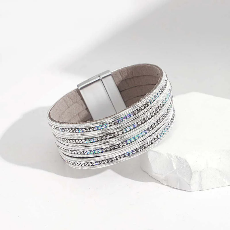 Bohemian Rhinestone Wide Leather Cuff Bracelet with Magnetic Clasp