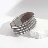 Bohemian Rhinestone Wide Leather Cuff Bracelet with Magnetic Clasp