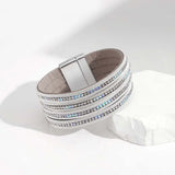 Bohemian Rhinestone Wide Leather Cuff Bracelet with Magnetic Clasp