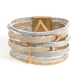 Stars Pattern Leather Wrap Bracelet Multilayer Big Metal Charm Cuff Bangles