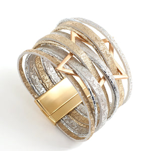 Stars Pattern Leather Wrap Bracelet Multilayer Big Metal Charm Cuff Bangles
