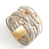 Stars Pattern Leather Wrap Bracelet Multilayer Big Metal Charm Cuff Bangles