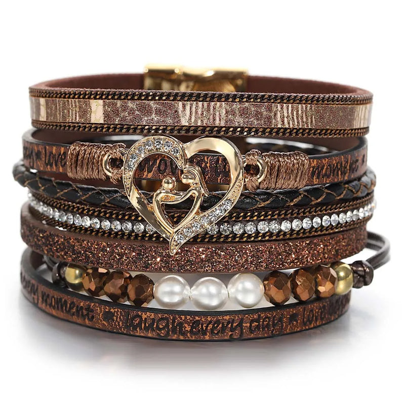 Layered Wrap Bracelet Pearls Love Heart Charm Leather Magnetic Clasp