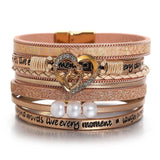 Layered Wrap Bracelet Pearls Love Heart Charm Leather Magnetic Clasp