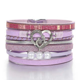 Layered Wrap Bracelet Pearls Love Heart Charm Leather Magnetic Clasp
