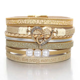 Layered Wrap Bracelet Pearls Love Heart Charm Leather Magnetic Clasp