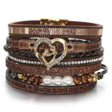 Layered Wrap Bracelet Pearls Love Heart Charm Leather Magnetic Clasp