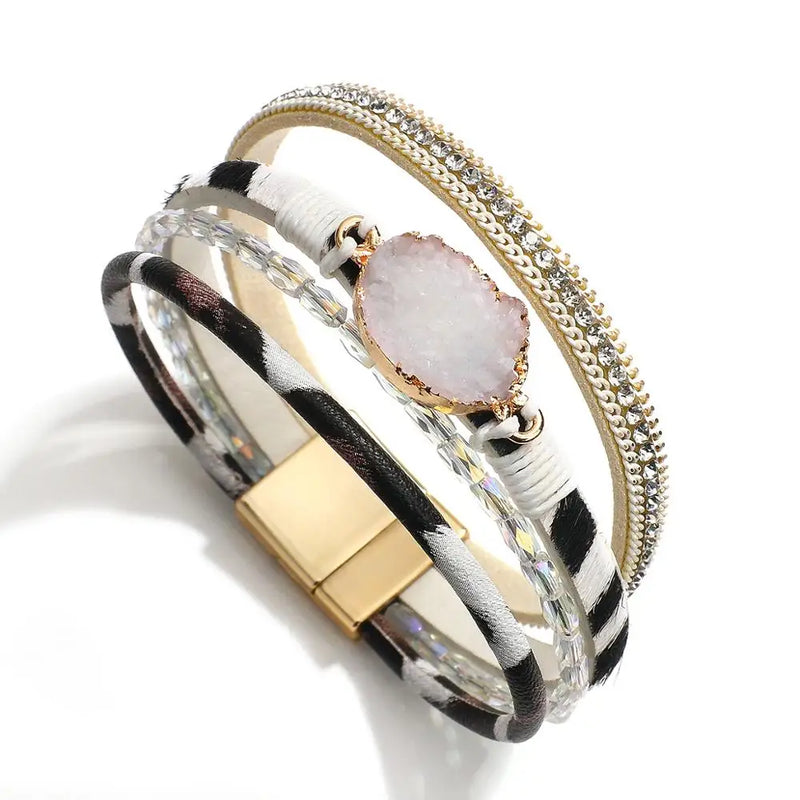 Leopard Print Wrap Bracelet Druzy Stone Charm Jewelry