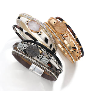 Leopard Print Wrap Bracelet Druzy Stone Charm Jewelry