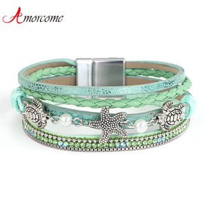 Lucky Turtle Starfish Bracelet Boho Leather Wrap Shell Wristband Jewelry