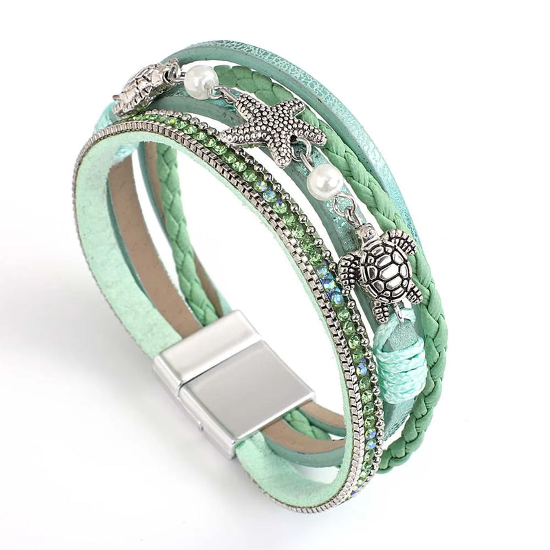 Lucky Turtle Starfish Bracelet Boho Leather Wrap Shell Wristband Jewelry