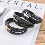 Cross Charm Mens Leather Wrap Cuff Bracelet Stainless Steel