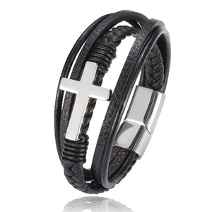 Cross Charm Mens Leather Wrap Cuff Bracelet Stainless Steel