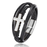 Cross Charm Mens Leather Wrap Cuff Bracelet Stainless Steel