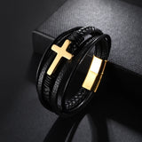 Cross Charm Mens Leather Wrap Cuff Bracelet Stainless Steel
