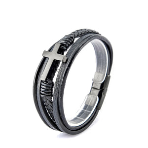Cross Charm Mens Leather Wrap Cuff Bracelet Stainless Steel