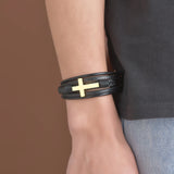 Cross Charm Mens Leather Wrap Cuff Bracelet Stainless Steel