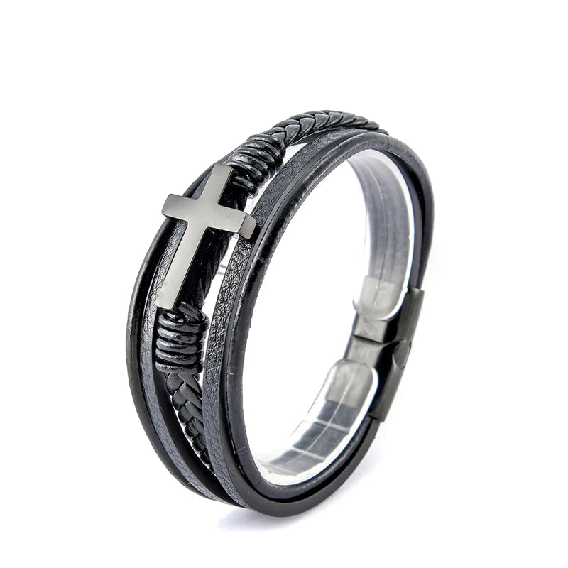 Cross Charm Mens Leather Wrap Cuff Bracelet Stainless Steel