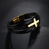Cross Charm Mens Leather Wrap Cuff Bracelet Stainless Steel