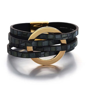 Metal Circle Charm Wrap Bracelet 4 Strands Multilayer Leather Rope Bracelets
