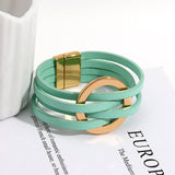 Metal Circle Charm Wrap Bracelet 4 Strands Multilayer Leather Rope Bracelets