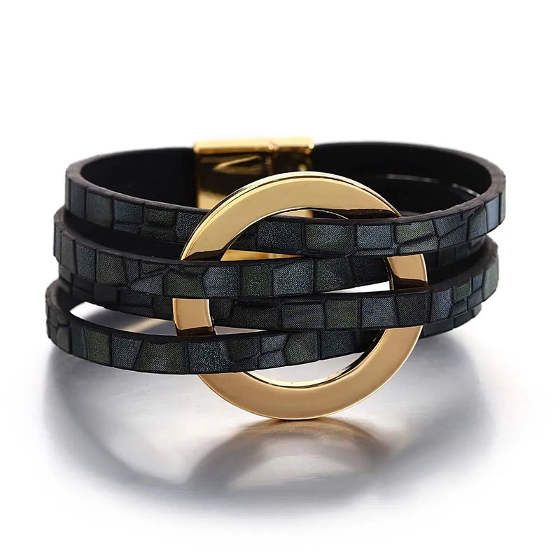 Metal Circle Charm Wrap Bracelet 4 Strands Multilayer Leather Rope Bracelets