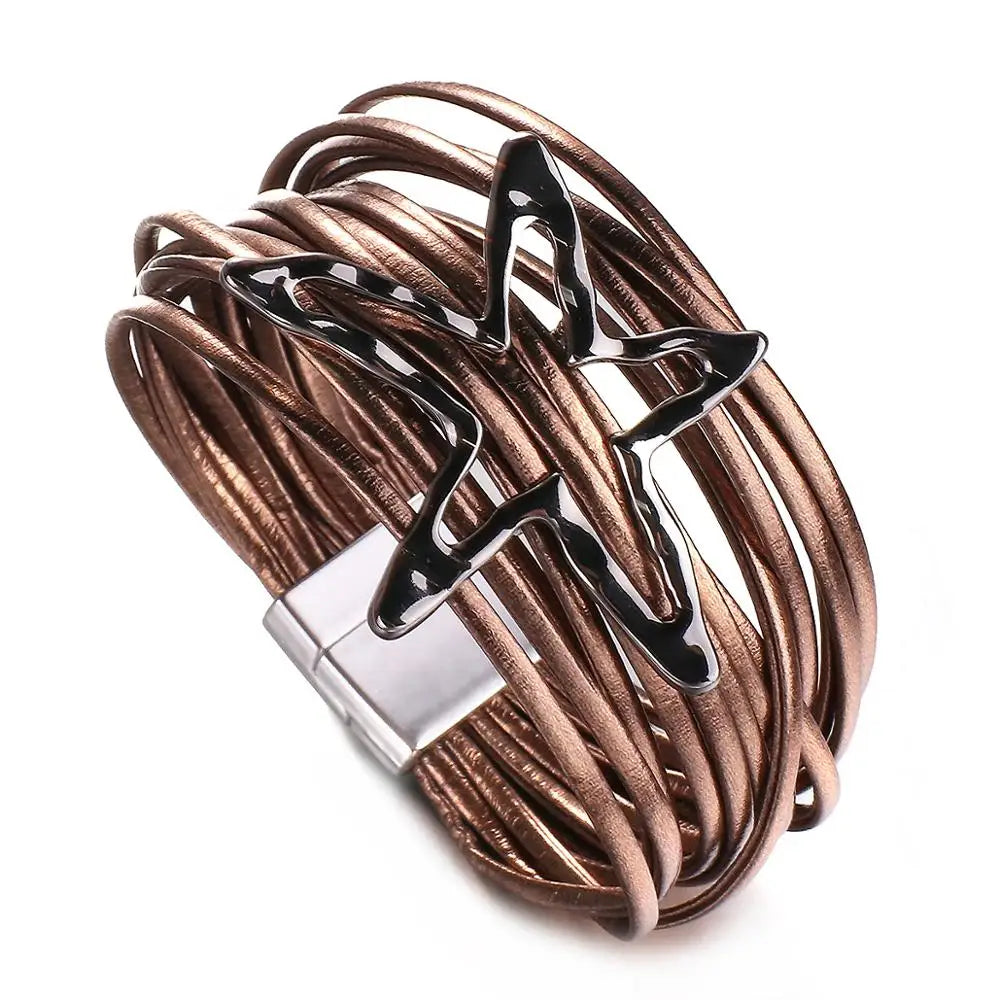 Multi-type Stars Leaf Flower Charm Leather Bracelet for Women