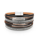 Multilayer Leather Wrap Bracelet Metal Bar Cuff Bangle