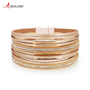 Multilayer Leather Wrap Bracelet Metal Bar Cuff Bangle