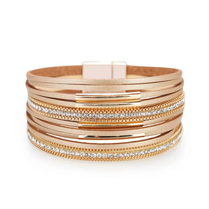 Multilayer Leather Wrap Bracelet Metal Bar Cuff Bangle