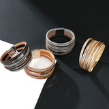 Multilayer Leather Wrap Bracelet Metal Bar Cuff Bangle