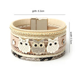 Rhinestone Owl Charm Leather Bracelet Women