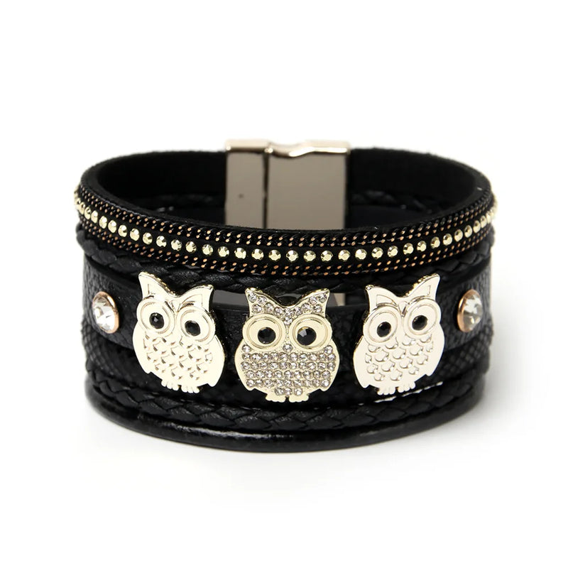 Rhinestone Owl Charm Leather Bracelet Women