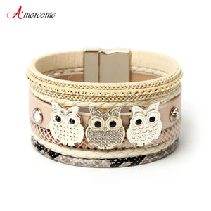 Rhinestone Owl Charm Leather Bracelet Women