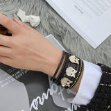 Rhinestone Owl Charm Leather Bracelet Women