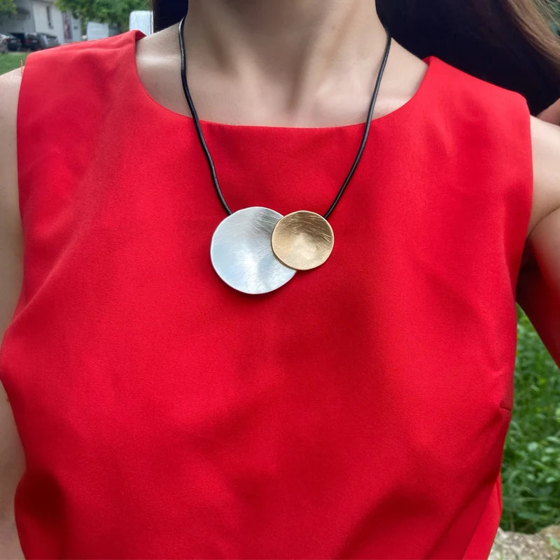 Mixed Round Disc Pendant Leather Choker Rope Cord Necklace for Women