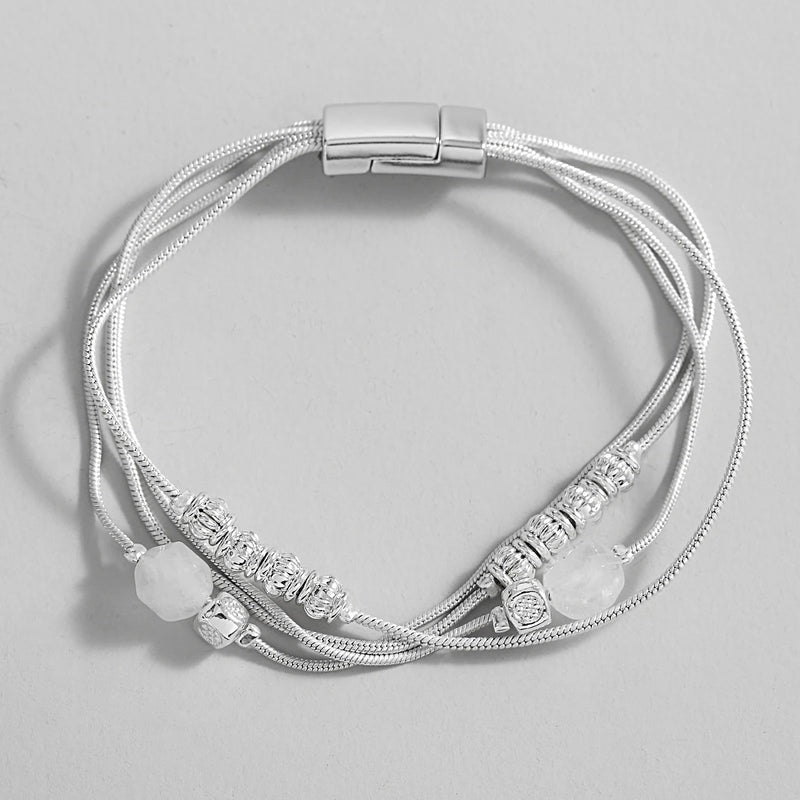 Silver Bracelet with Stones and Metal Beads for Women