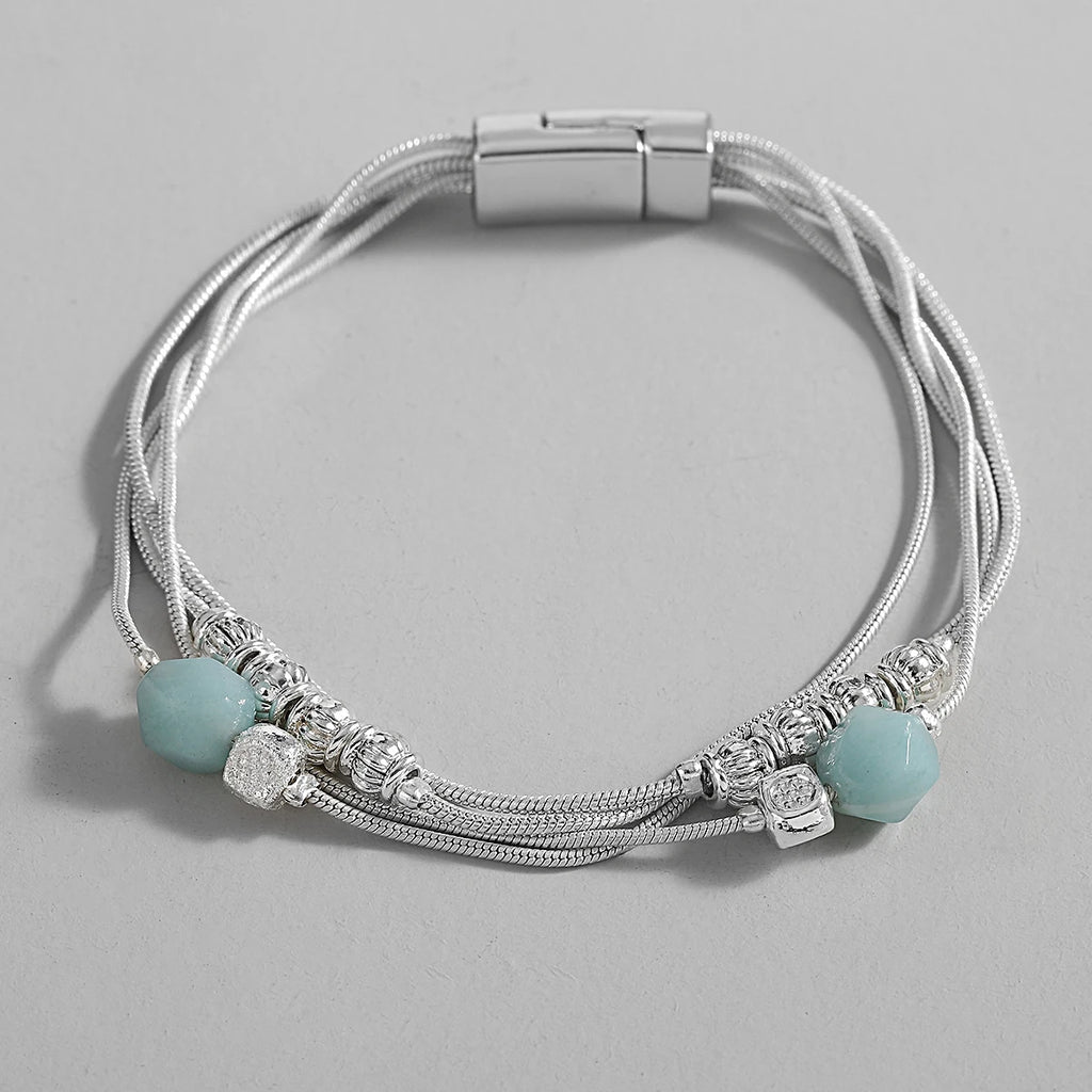 Silver Bracelet with Stones and Metal Beads for Women