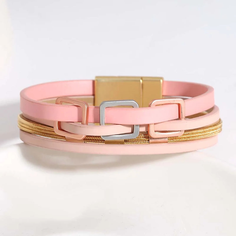 Leather Bracelet Women Square Beads Wrap Magnetic Clasp