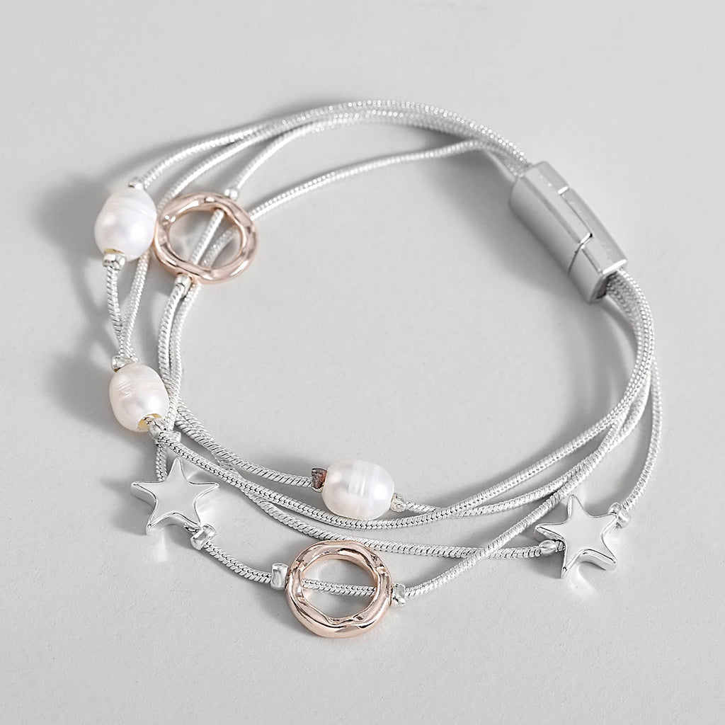 Pearls Metal Stars Circle Charm Bracelet for Women