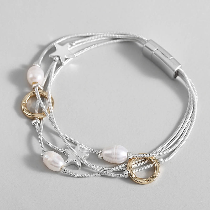 Pearls Metal Stars Circle Charm Bracelet for Women