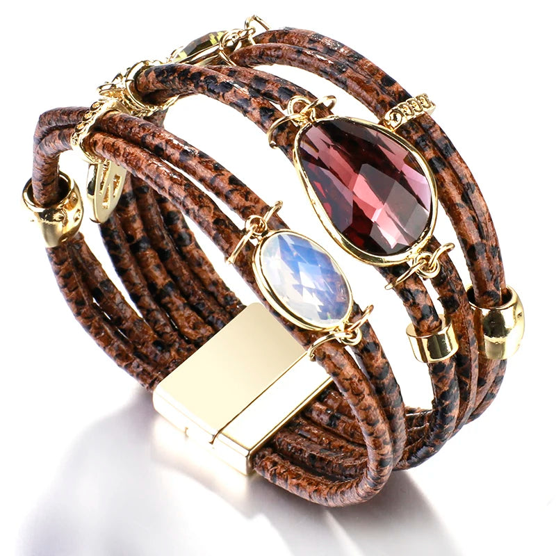 Retro Leather Snakeskin Wrap Bracelet Crystal Beads Peace Charm