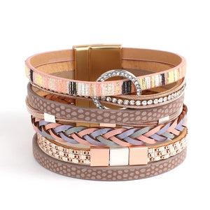 Rhinestone Round Metal Charm Bracelets for Women - Boho Layered Leather Wrap