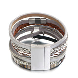 Rhinestone Round Metal Charm Bracelets for Women - Boho Layered Leather Wrap