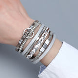 Rhinestone Round Metal Charm Bracelets for Women - Boho Layered Leather Wrap