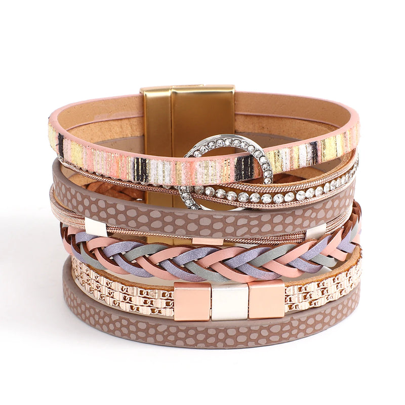 Rhinestone Round Metal Charm Bracelets for Women - Boho Layered Leather Wrap