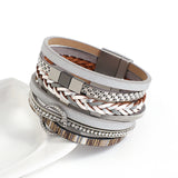 Rhinestone Round Metal Charm Bracelets for Women - Boho Layered Leather Wrap