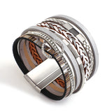 Rhinestone Round Metal Charm Bracelets for Women - Boho Layered Leather Wrap